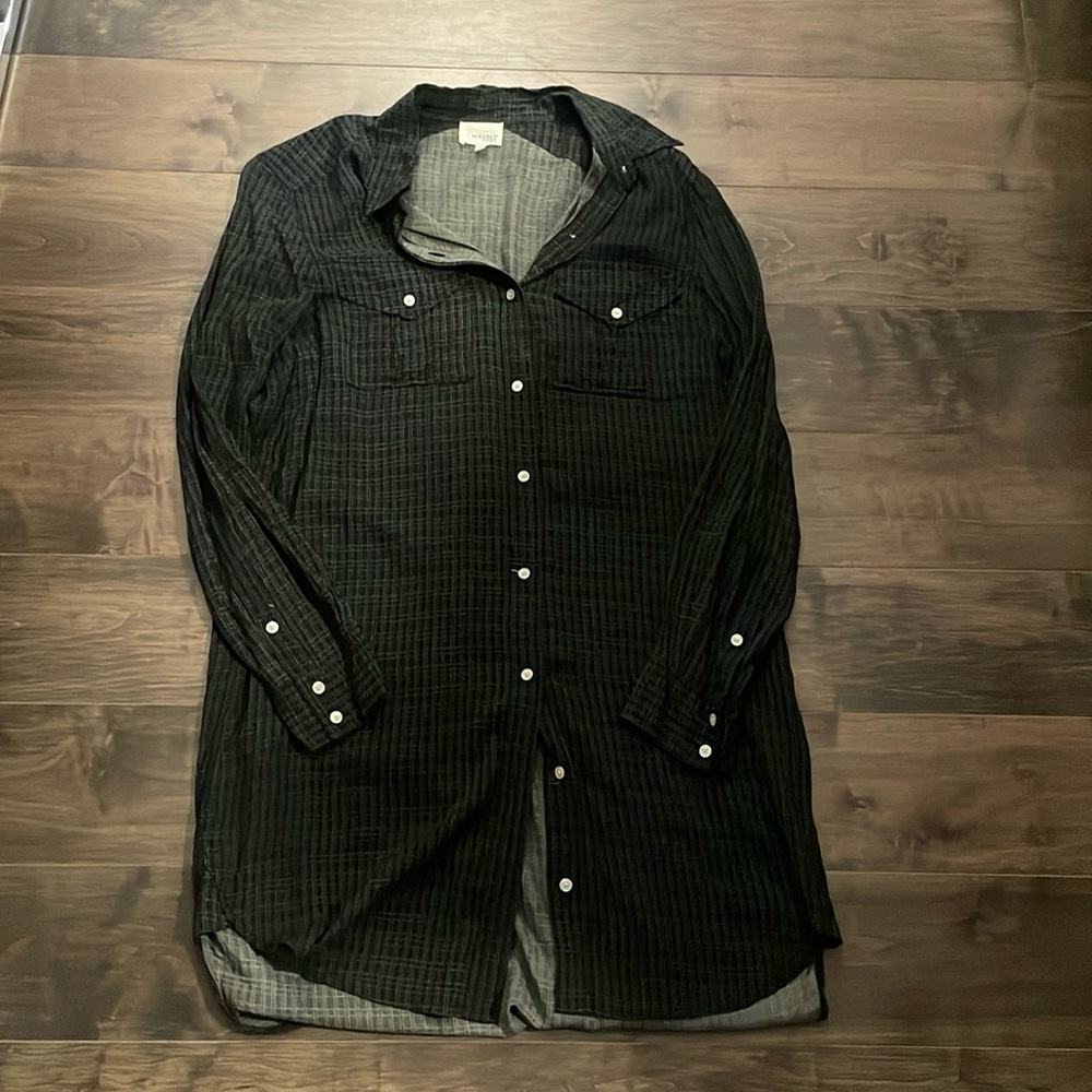 Wilfred Long plaid button down blouse- great with leggings and heels